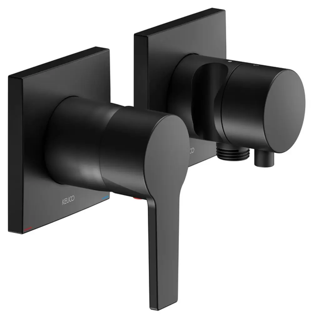 Schwarze Wandarmatur mit zwei Bedienknöpfen und einer Schlauchanschlussmöglichkeit. Produkt von Keuco, geeignet für Badezimmerinstallationen.